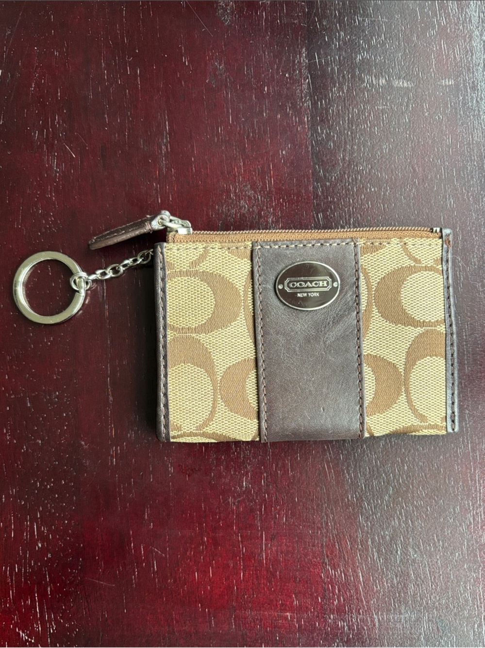 Coach Brown Signature Canvas Card Holder Keychain with Leather Trim